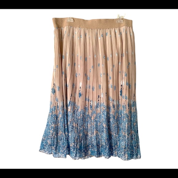 Andi + James Women’s XL Tan Blue Floral Pleated Elastic Waist Midi Skirt - Picture 6 of 7